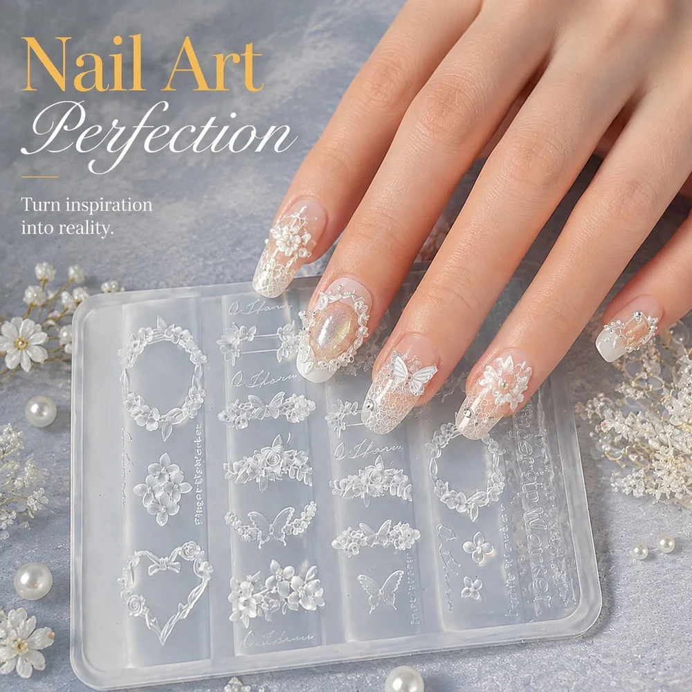 1Pc 3D Embossing Silicone Nail Mould Delicate Flower Vine Butterfly Heart Wreath Patterns For DIY Gel Nail Decor Salon Tool