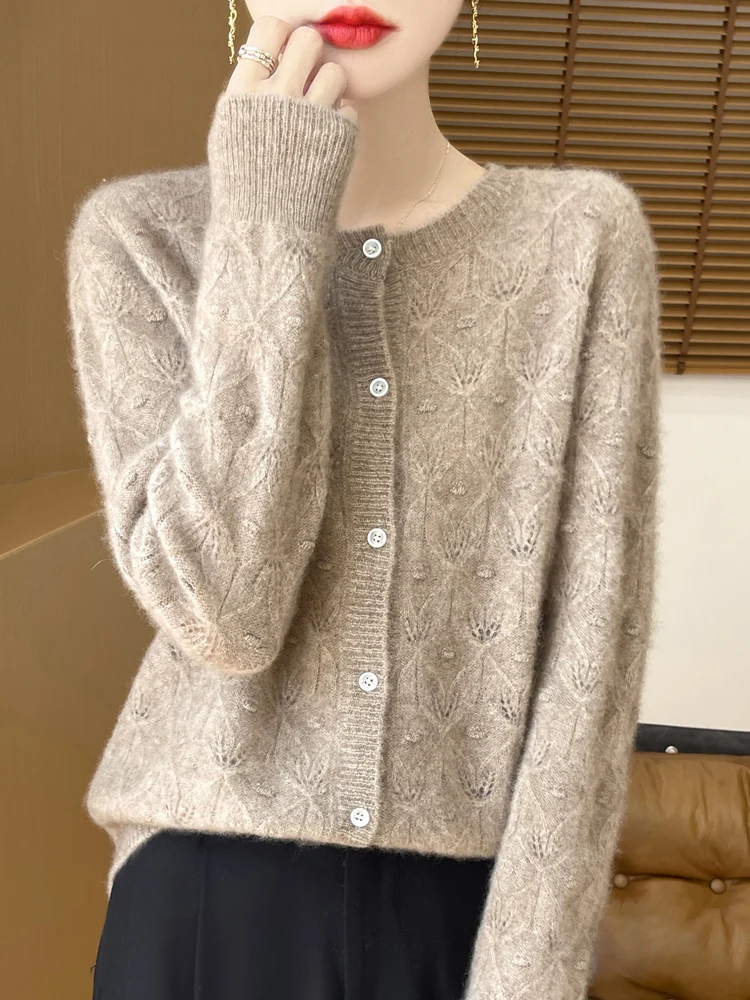 

New Autumn Winter Women Basis Cashmere Sweater Hollow Cardigan 100% Merino Wool Knitwear Female O-Neck Soft Casual Fashion Top