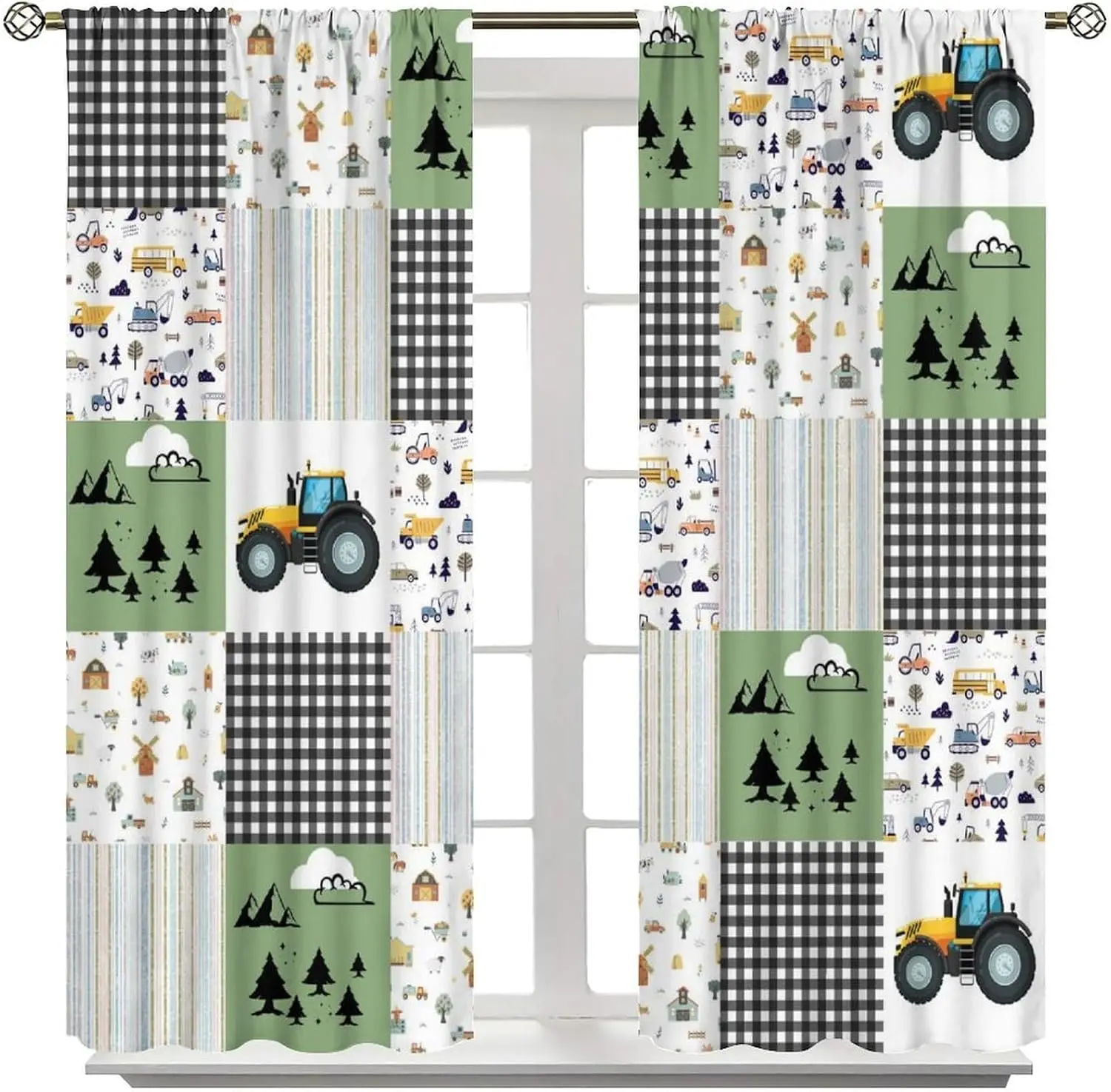 Grid Splicing Farm Truck Mountain Forest Plaid Print Blackout Rod Pocket Curtain Striped Line Soft Rural Homestay Bedroom Rest