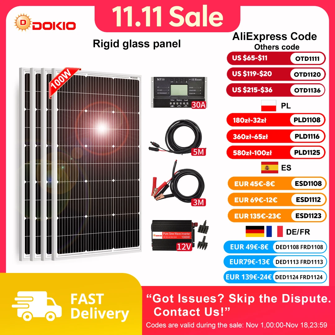 Dokio 18V 100W 200W 400W Waterproof New Rigid Solar Panel Set Controller For Home Charge 12V Car Battery Monocrystalline China