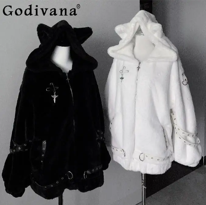 

Subculture Japanese Mine Hooded Plush Jacket 2025 New Winter Girls Sweet Cool Warm Thickened Faux Fur Jacket Punk Y2K Fur Coat