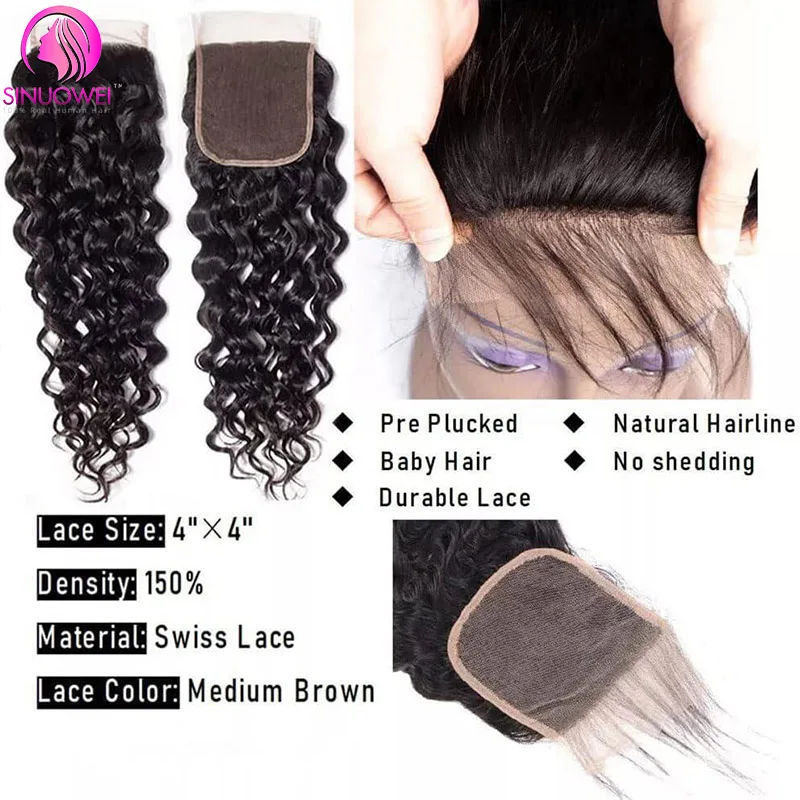 10A Brazilian Water Wave Bundles Human Hair With Frontal 3 Bundles and 4x4 Lace Closure Wet and Wavy Virgin Hair Natural Color