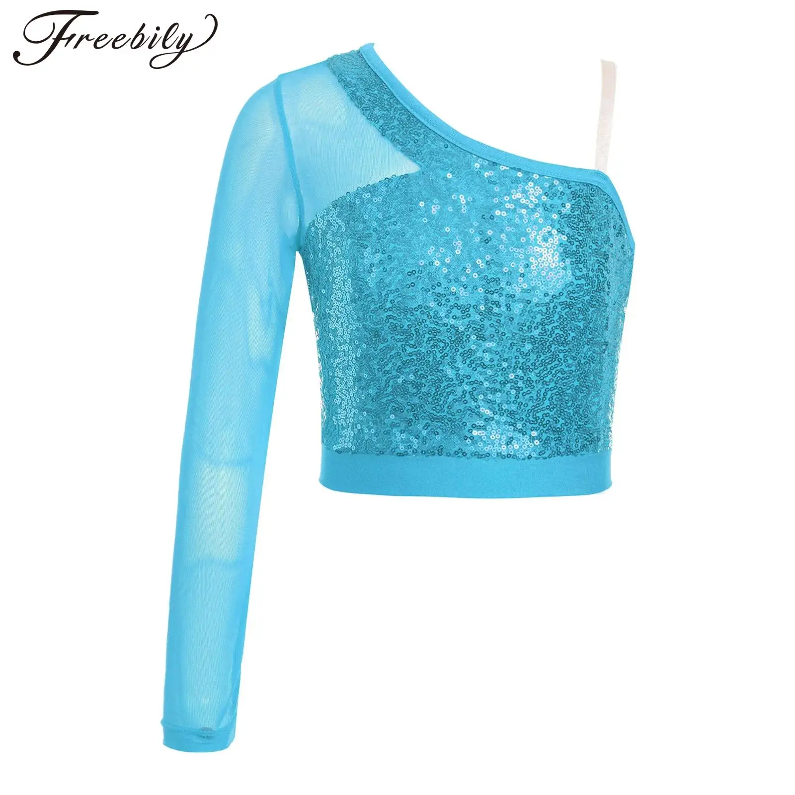 

Kids Latin Jazz Dancing Costumes Fashion Girls Sequins Dance Tops Children Sheer Mesh Long Sleeve One Shoulder Crop Top