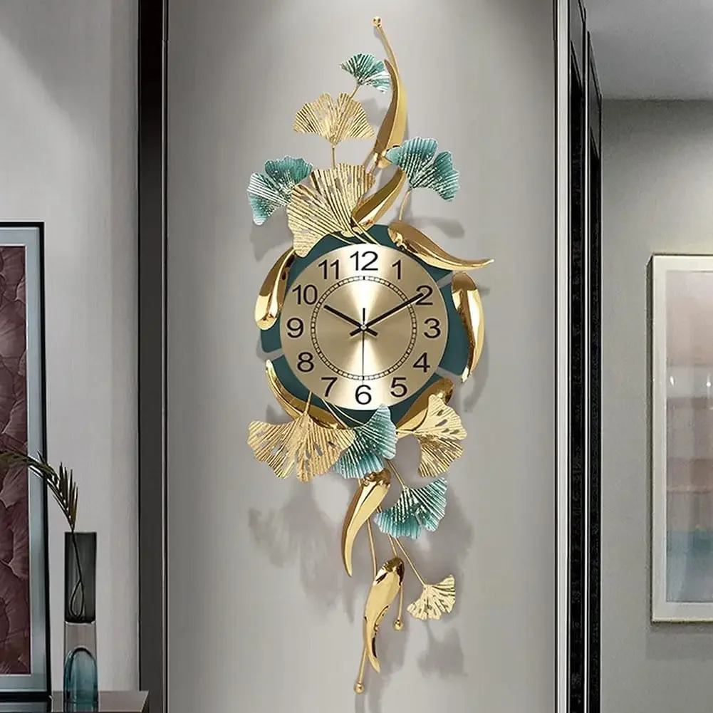 Modern Large Silent 3D Metal Wall Clock Creative Ginkgo Leaf Metal Wall Clocks Luxury Art Dial Living Room Home Porch Decoration