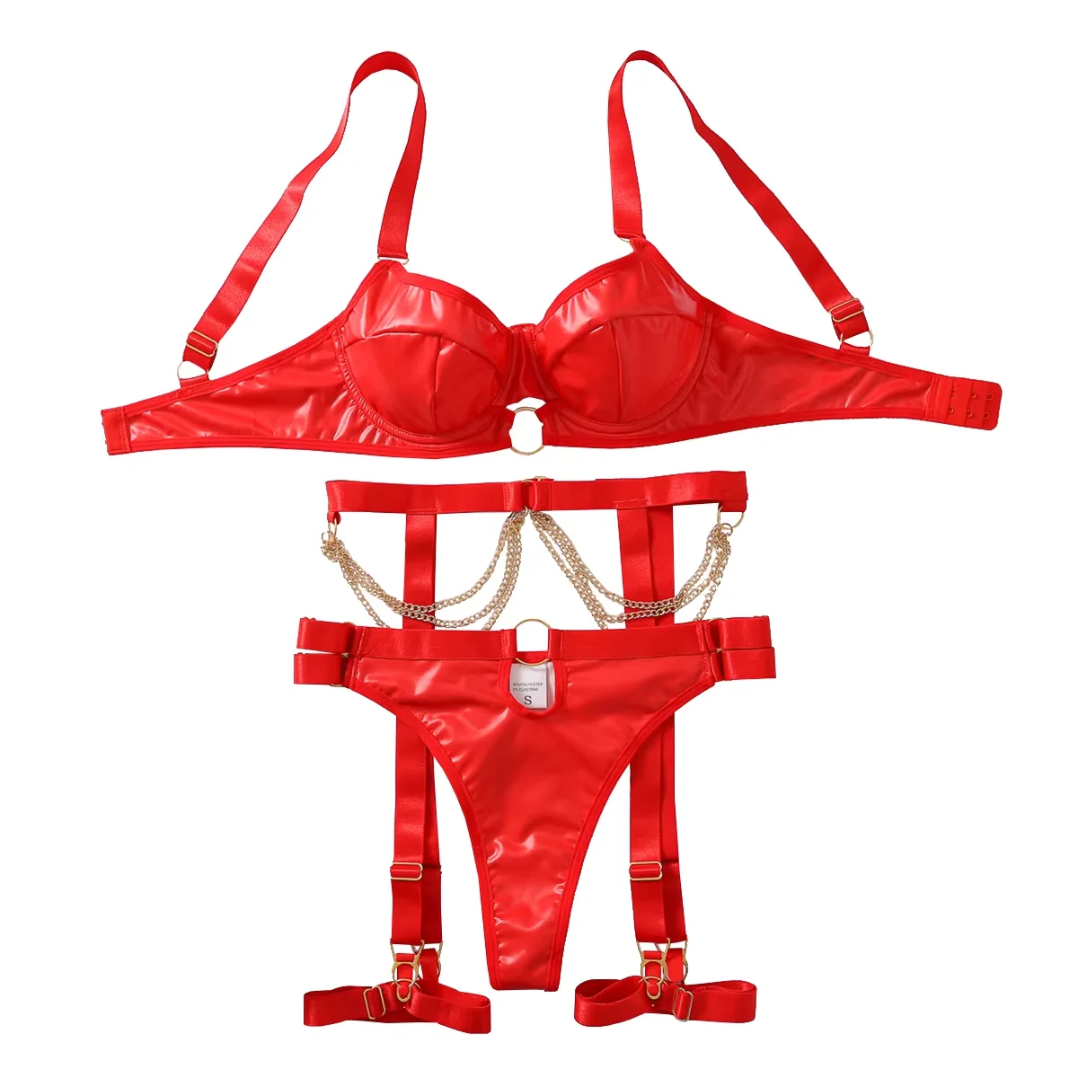 

Nightclub Temptation Female Underwear Set with Belts and Straps Metal Chain Sexy Lingerie 4 Piece Sets Porne Clothing for Women