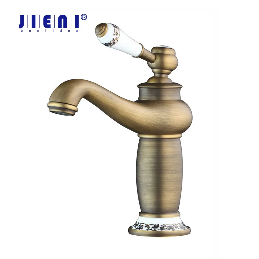 JIENI RU Solid Antique Brass Faucet Stream Spout Deck Mounted Bathroom Basin Sink Hot And Cold Water Retro Mixer Vanity Taps