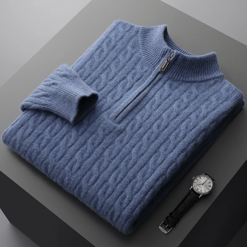 Autumn and winter 100% merino cashmere sweater men\'s thick twist top zipper collar bottoming shirt youth plus size knit pullover