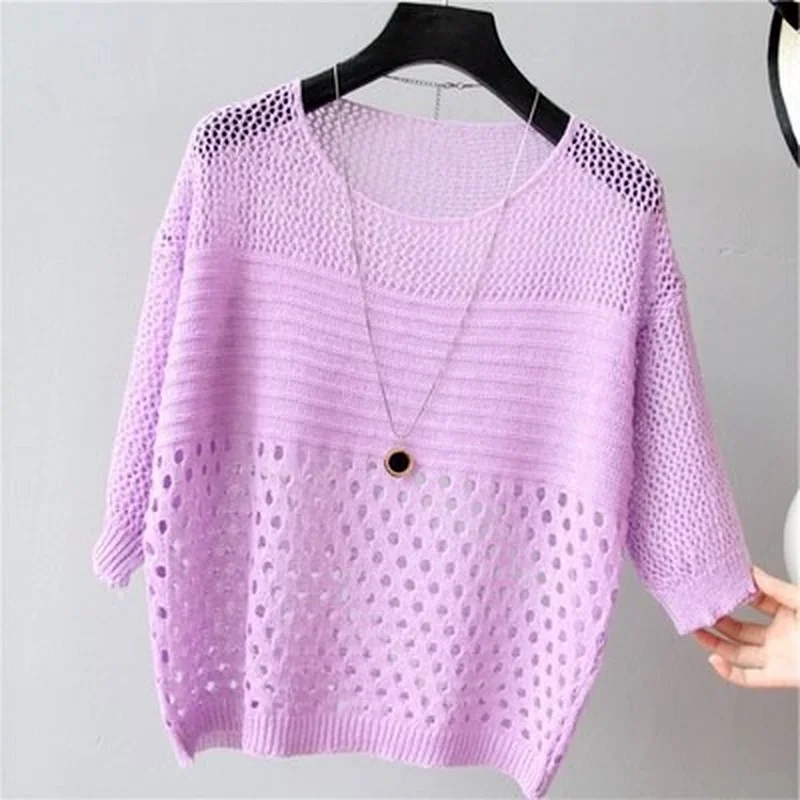 Casual For Women Beach Slim Tops O-Neck Summer Sexy Hollow Out Knitting Shirt For Women Knit T-shirt Wiosna Lato 2024