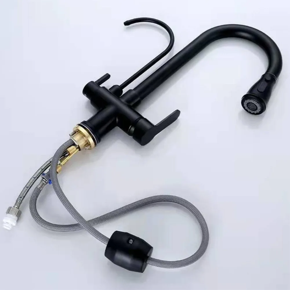 All-copper kitchen faucet Pull-out type hot and cold direct drinking purified water sink vegetable basin faucet three-purpose