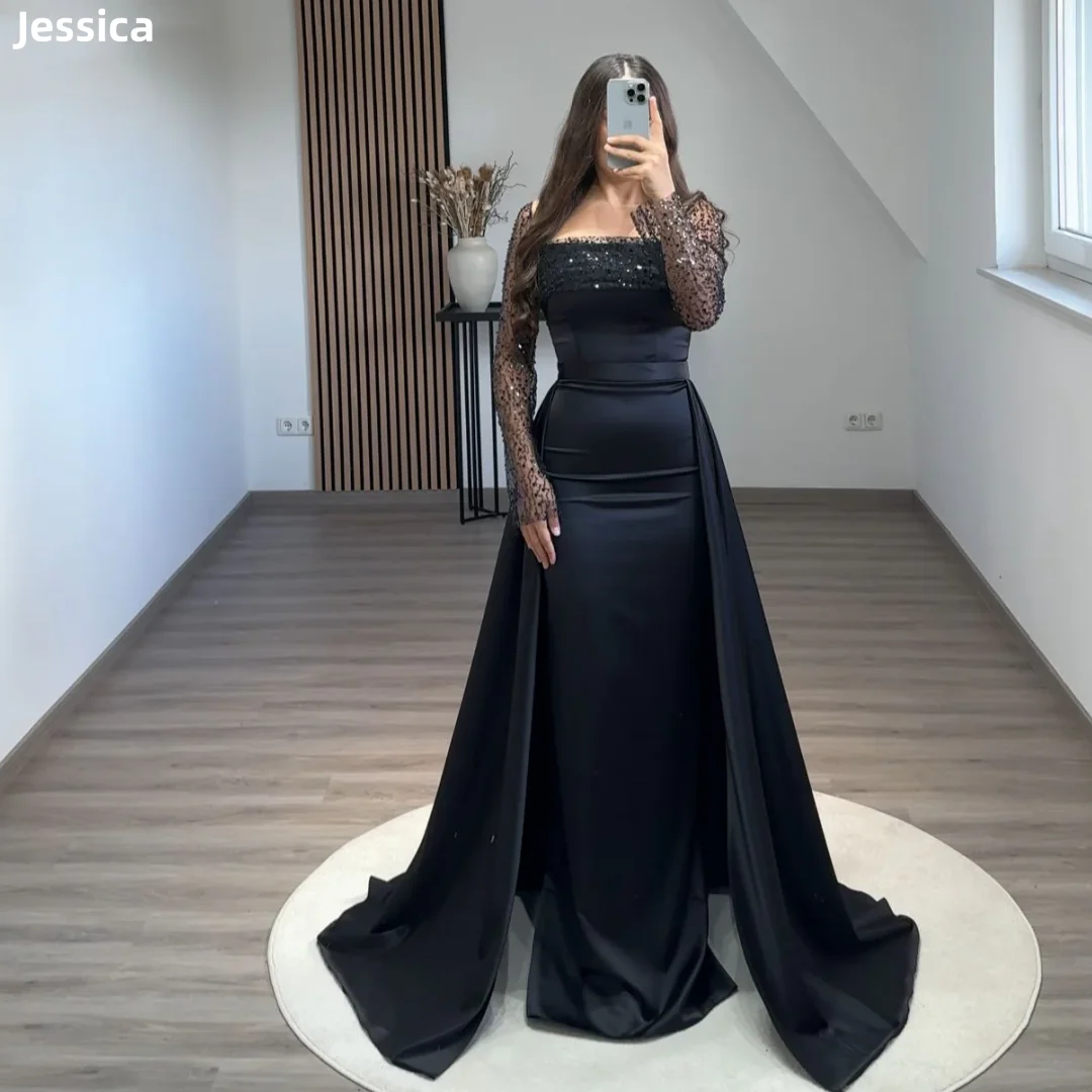 Jessica Black Wedding Dress Embroidered Sequins Arabian Ladies Prom Dresses Mermaid Luxury Satin Elegant Lady Customized