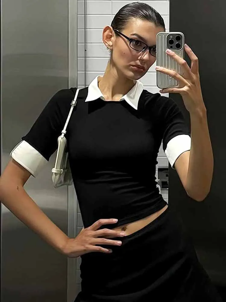 

BKQU контрастные цвета, искусственные футболки из двух предметов, женские летние 2023, модные тонкие укороченные топы с отложным воротником и короткими рукавами в консервативном стиле