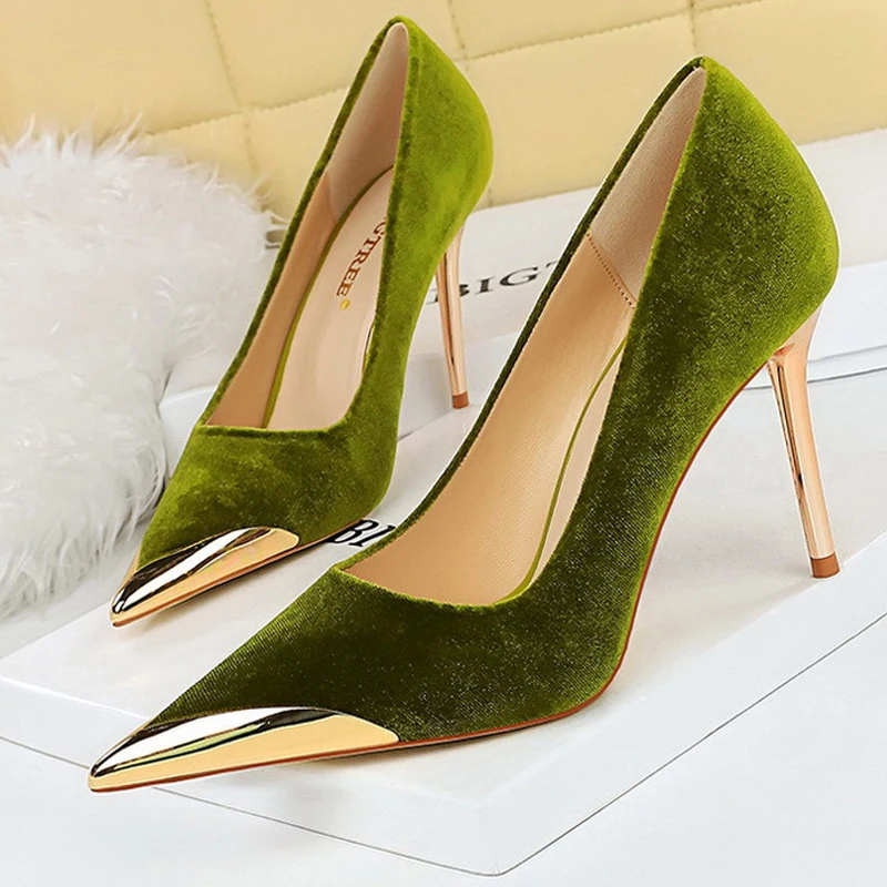 BIGTREE Shoes Luxury Women\'s Pumps Metal Pointed High Heels Fashion Stilettos Banquet Shoes Ladies Pumps Sexy Party Shoes Suede