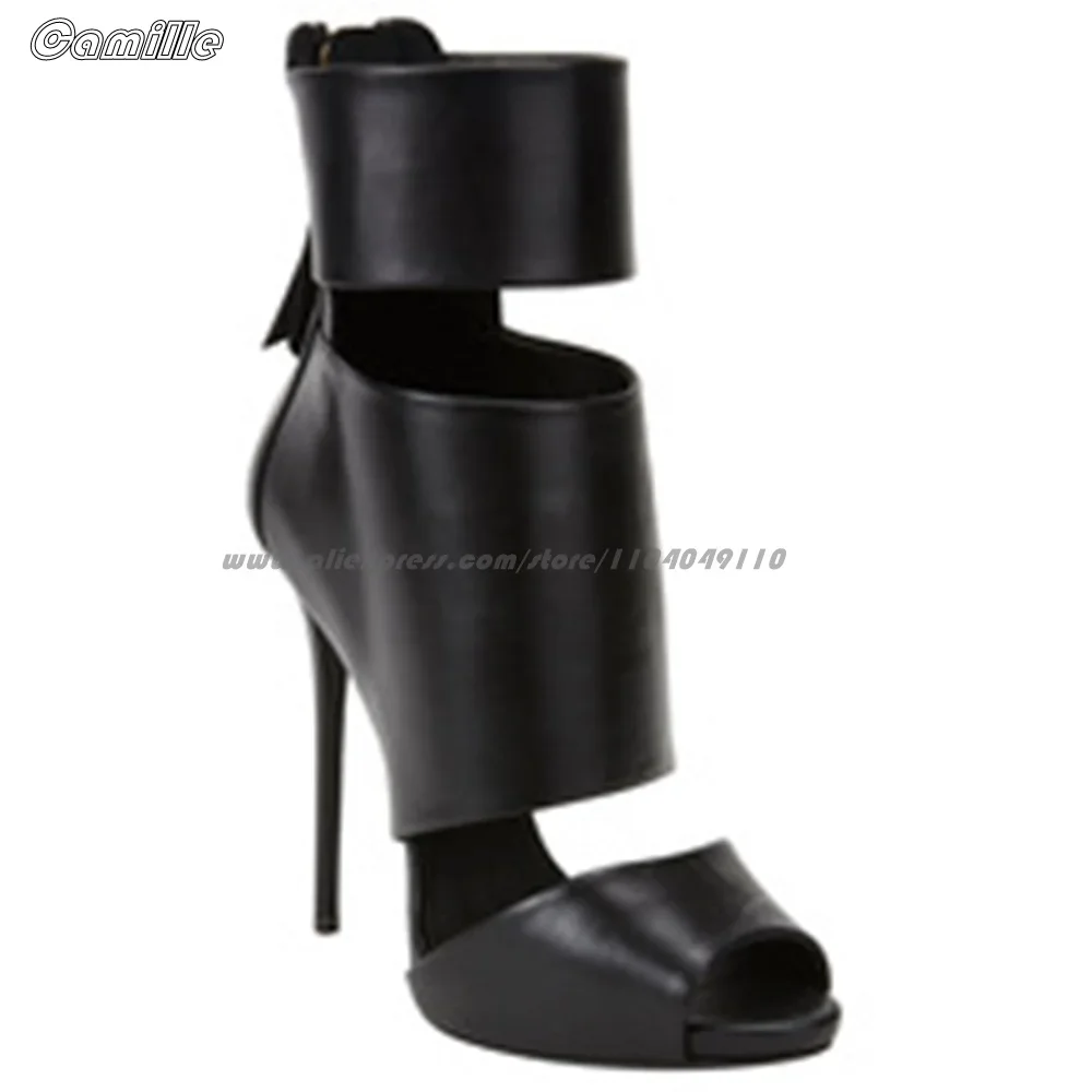 Black Open Toe Back Zip Hollow High Heel Sandal Boots Size 34-46 Catwalk Style Sexy Lady High Heels Mid Calf Fish Mouth Shoes