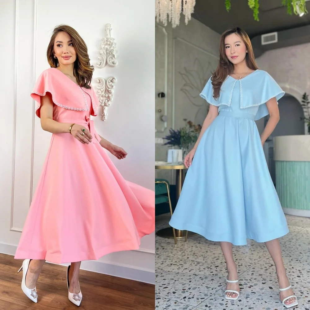 

Jiayigong Jersey Button Ruched Formal Evening A-line V-neck Bespoke Occasion Gown Midi Dresses