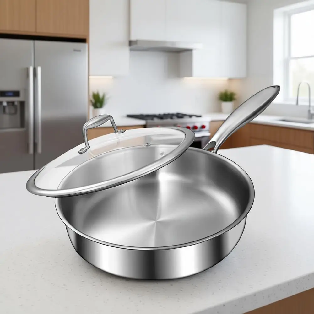

12-дюймовая трехслойная сковорода из нержавеющей стали, совместимая со всеми типами плит, подходит для духовки и посудомоечной машины, большая, с крышкой, для индукционных плит