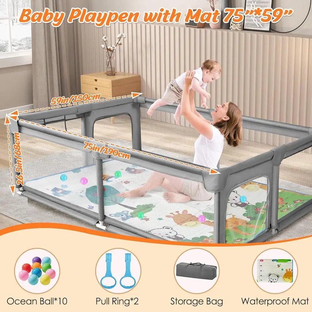 روضة أطفال كبيرة جدًا باللون الرمادي مع حصيرة، وحدة تخزين، ومنطقة لعب آمنة للأطفال الصغار في الأماكن المغلقة/الخارجية