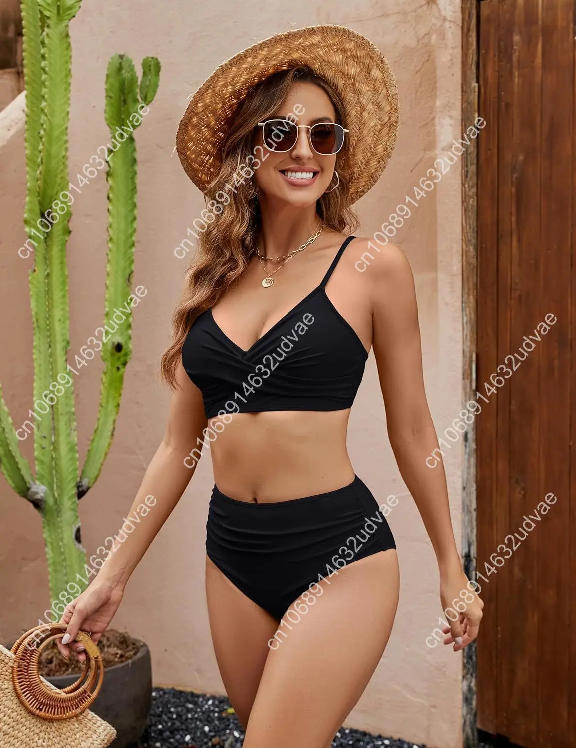 Women's High Waisted Bikini Sets Two Piece Swimsuit Tummy Control Bathing Suit V Neck Swimwear 2025 Swim Suit
