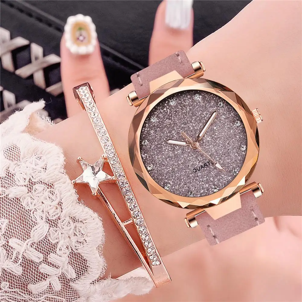 Cross-border explosion ladies watch fashion frosted belt colourful pastel star flash dial quartz female performance goods