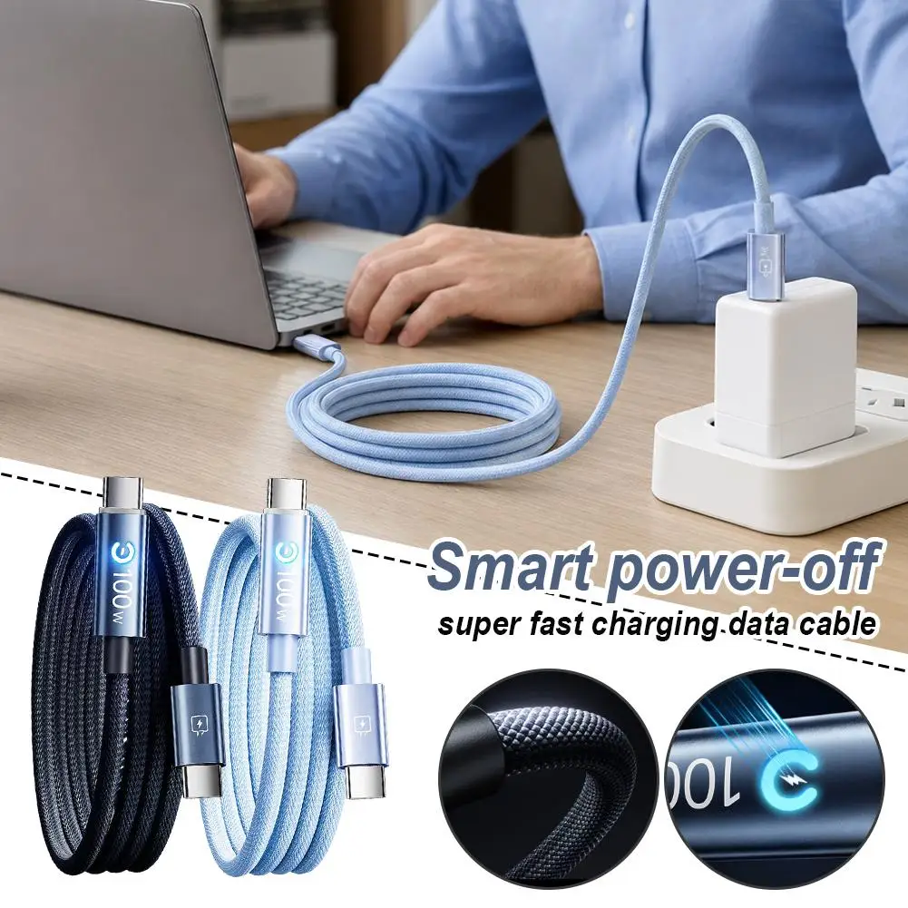 Smart Power Off 100W Super Fast Charging Data Cable Type C With Breathing Light Suitable For Apple Android Tablets Notebooks