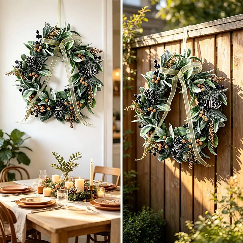 40CM Christmas Wreath Decorations Christmas Tree Blue Eucalyptus Wreath Pine Needles Pine Cones Christmas Wreath