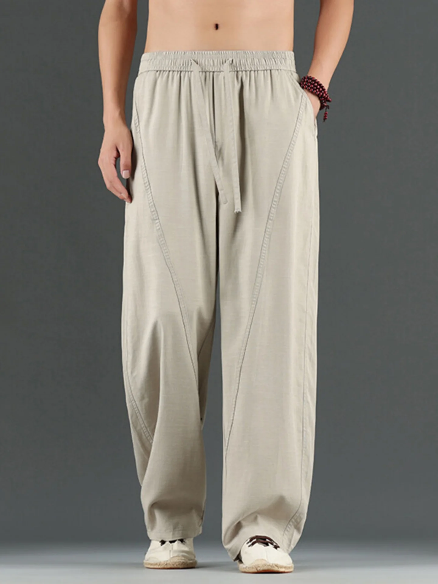 

Мужские летние тонкие льняные брюки с широкими штанинами, свободного прямого кроя, драпирующиеся, повседневные, модные, дышащие, легкие