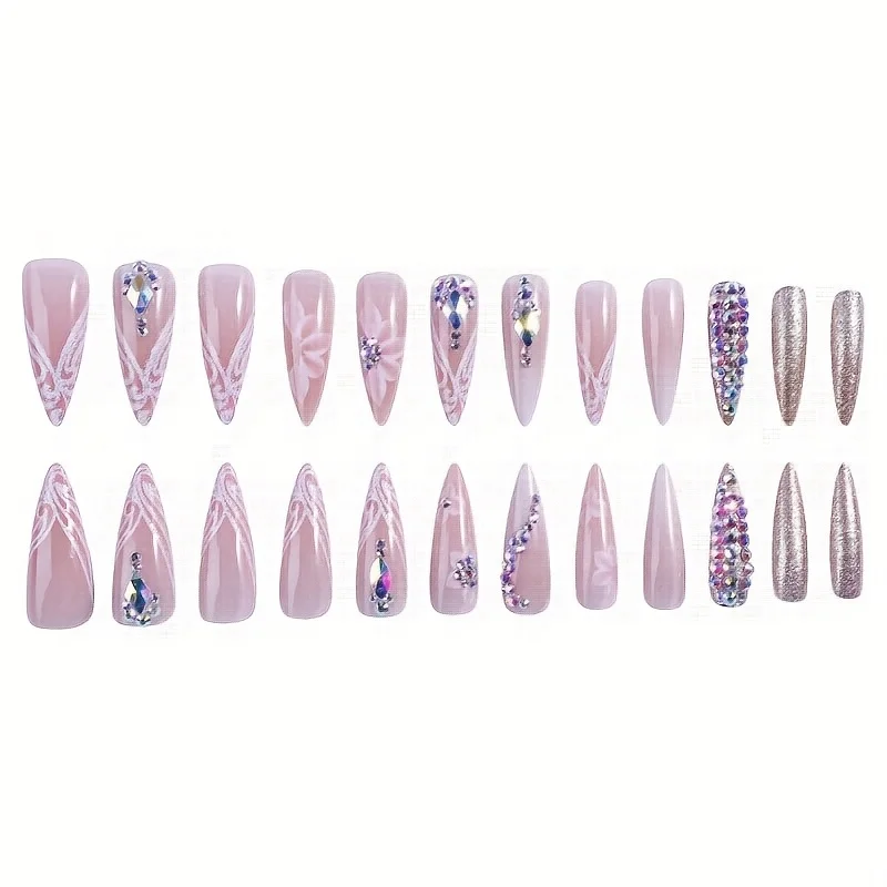 24 pièces printemps/été brillant longues amande strass ongles à pression, faux ongles mi-longs avec diverses combinaisons de strass