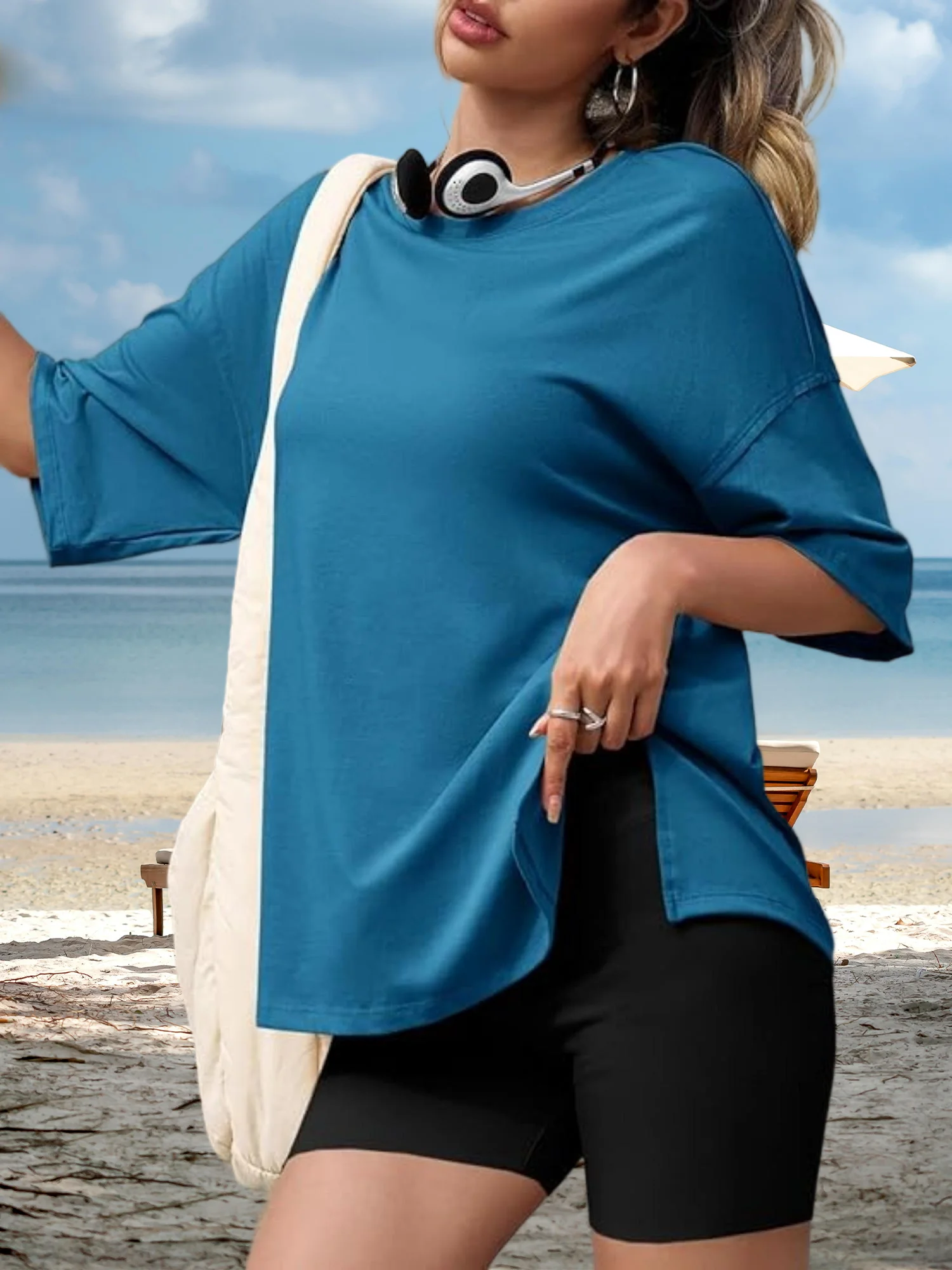 تي شيرت نسائي صيفي كبير الحجم - قميص سادة فضفاض بأكمام قصيرة ورقبة دائرية مع فتحات جانبية