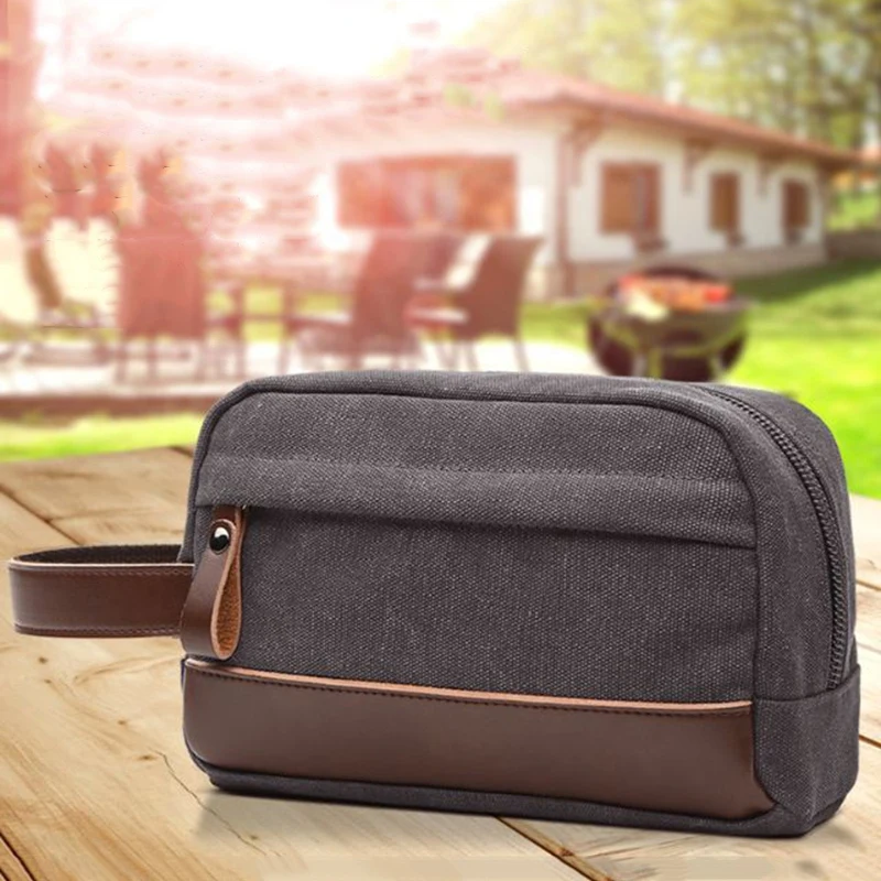 Toiletry Beauty Case Bag Leather Trim Canvas Shaving Dopp Case Neceser Travel Cosmetic Makeup Bag Organizer Pouch Black