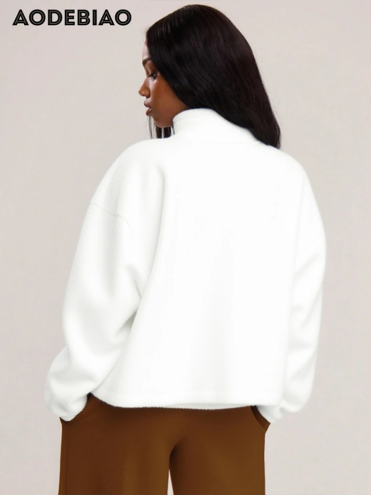 AODEBIAO Women Hoodie Autumn Winter Long Sleeves Fashion Zippers White Hairy Hoodie Solid Keep Warm Coat Top Casual Hoodie Lady
