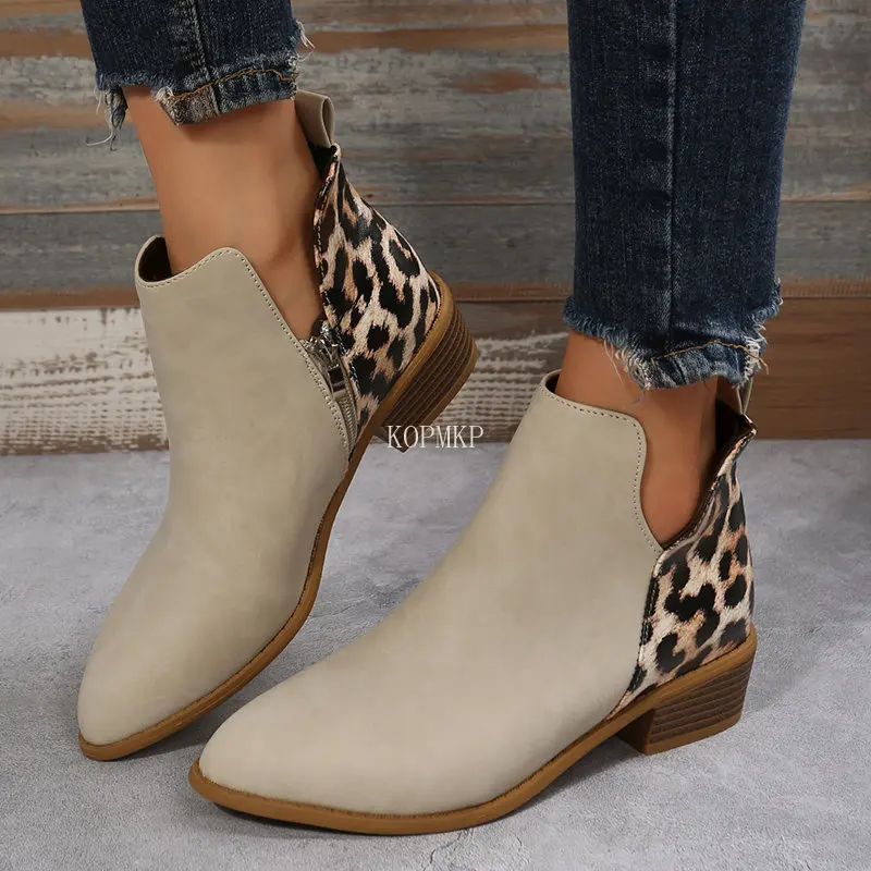 Leopard zima Sexy kobiety botki jesień PU kobiet krótki zamek Chelsea Boots Retro 2023 okrągły nosek kwadratowy obcas Zapatos De Mujer