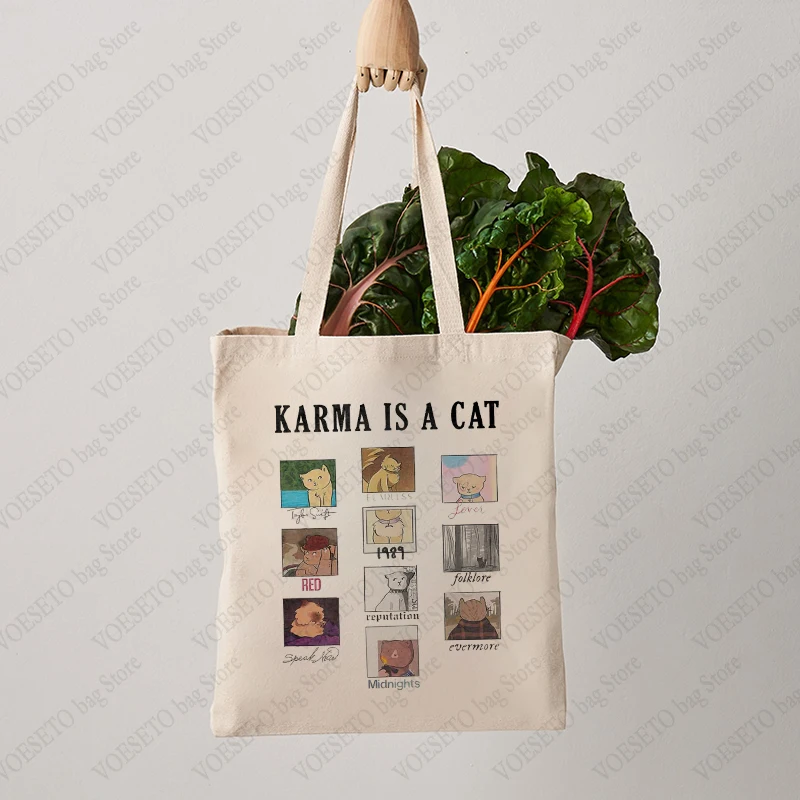 Karma Is A Cat Pattern Totes Kawaii Cat Graphic Canvas Tote Bag Large Capacity Reusable Aesthetic Shopper Handbags for Women