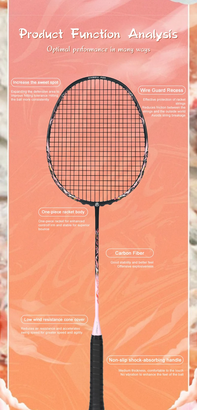 ALPSPORT Badmintonschläger AIR-FOX 8U G6 Ultraleichter 62 g T800 Kohlefaser Max. 30 lbs Lila/Schwarzer Schläger – Detail 6