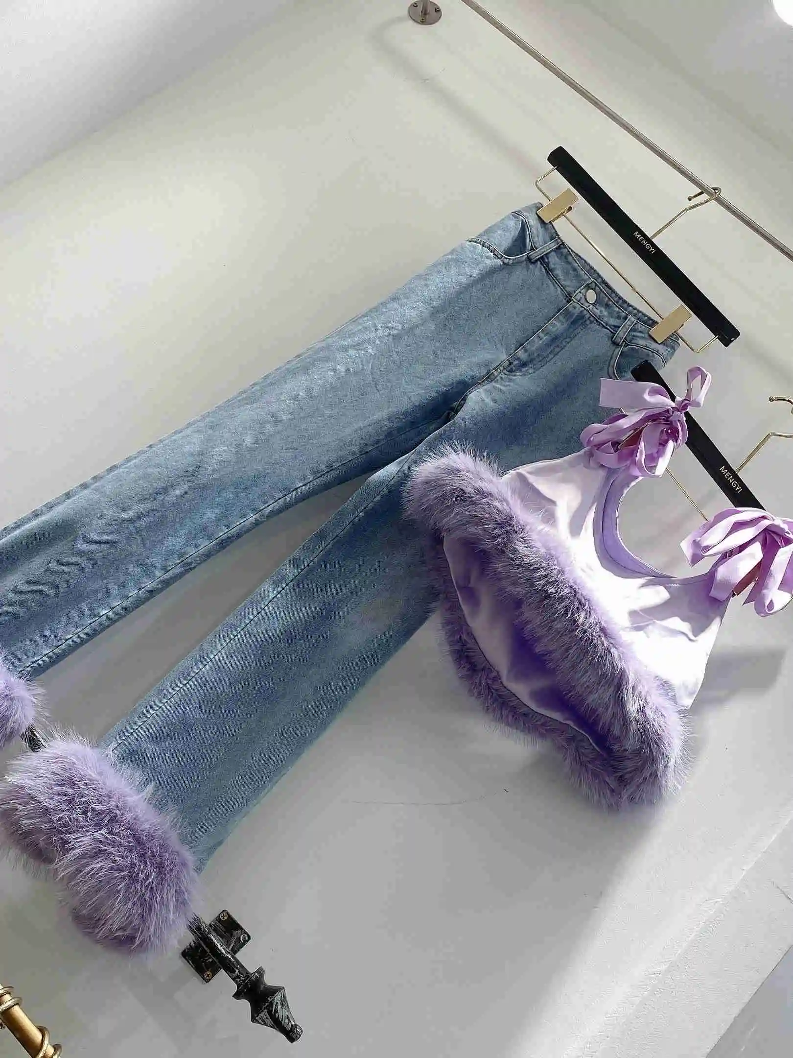 Spring Korean 2023 Western Style Detachable Furry Washed Waisted Jeans Women's Cotton Stretch Blue Denim Pants High Street