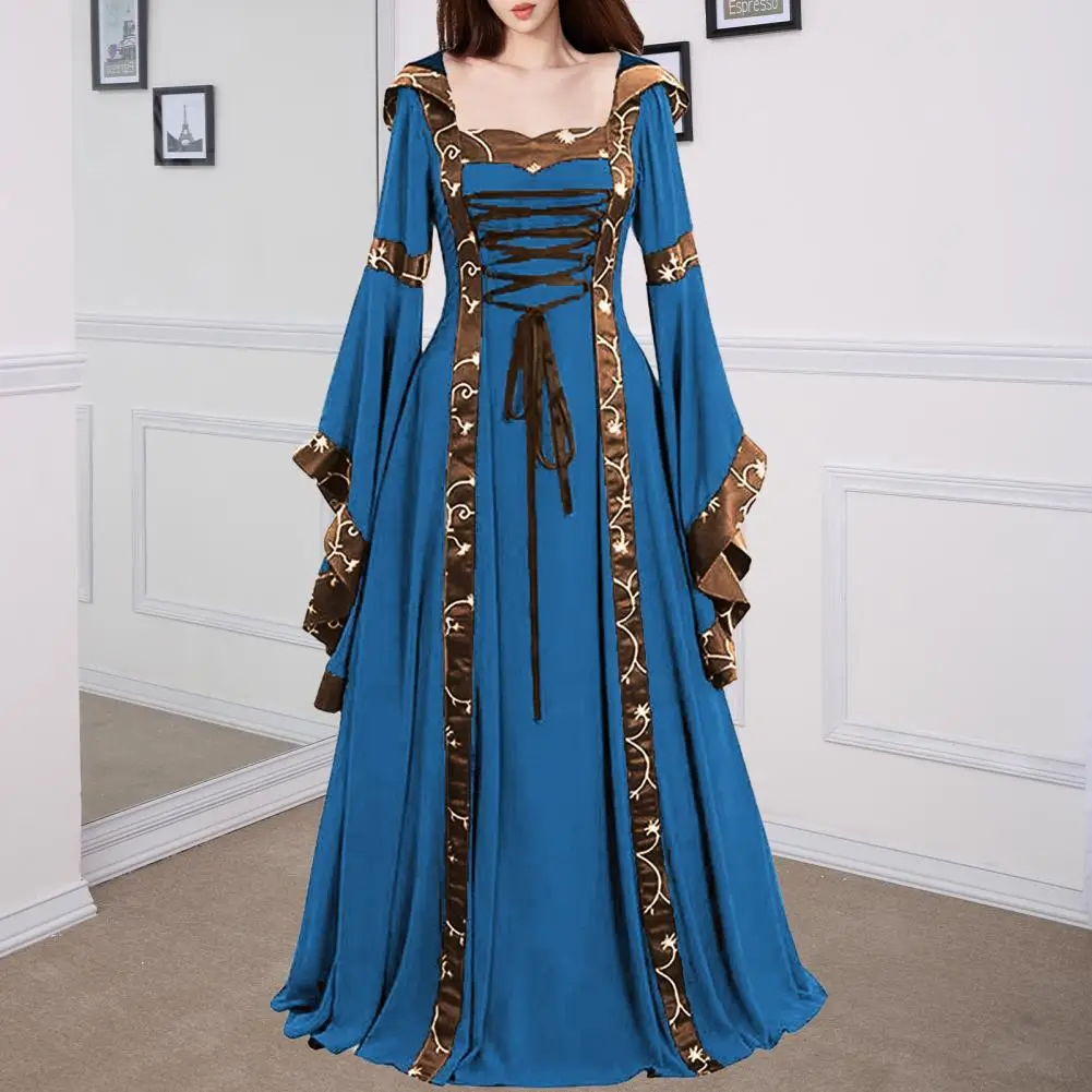 

Women Dress Medieval Royal Style Lace-up Hooded Bat Sleeve Maxi Dress Stage Performance Halloween Renaissance Cosplay Costume