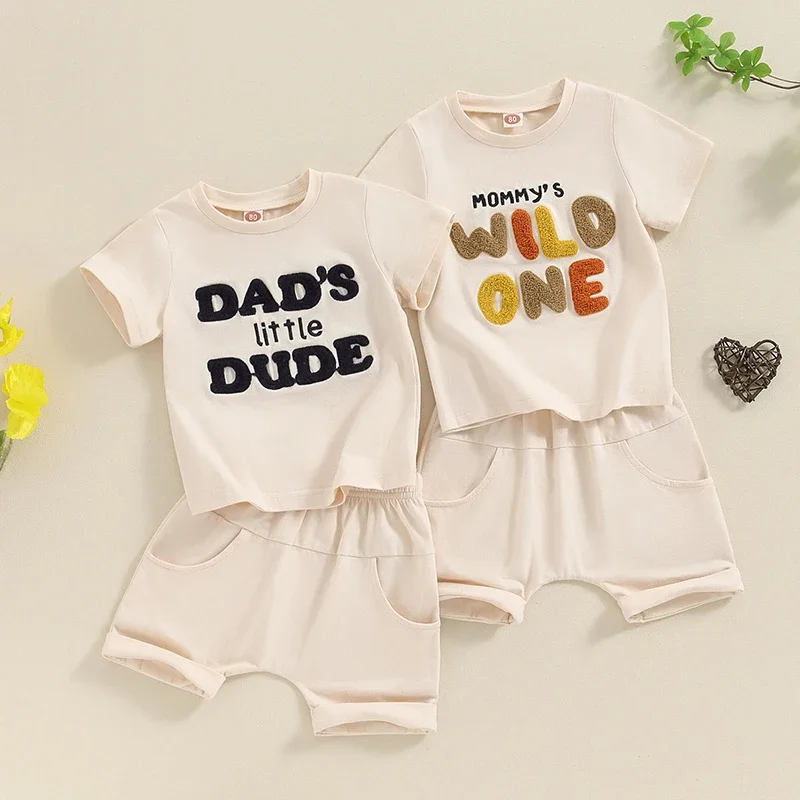 

Toddler Baby Boys Summer Outfits Letter Embroidery Round Neck Short Sleeve T-Shirts Elastic Waist Shorts 2Pcs Clothes Set