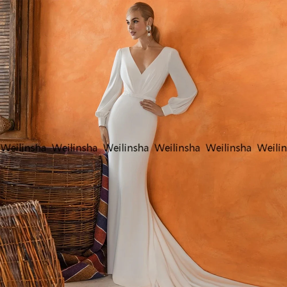 

Simple Wedding Dresses Customized V-Neck Long Sleeves Robe De Mariée Cap Sleeve Sashes Mermaid Sweep Train Bridal Gowns