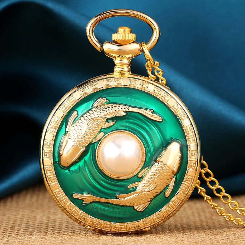 Top Luxury Golden Pisces Necklace Quartz Pocket Watch Vivid Fish Pearl Pattern FOB Chain Green Pendant Constellation Clock Gifts