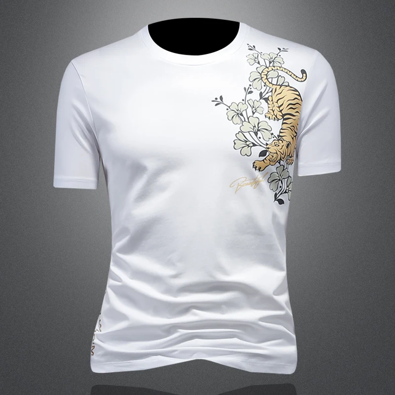 Tiger Floral Chinese Style T Shirt For Men Short Sleeve Slim Fit Summer Quality Mercerized Cotton Stretchy Tees Camisetas Hombre