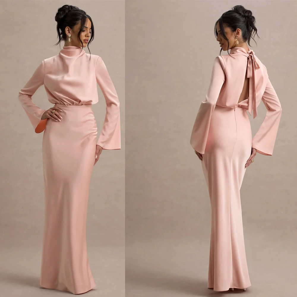 

Bowith Pink Modest Evening Dresses Women High Collar Long Sleeves Prom Dresses Customized Party Dresses for Special Occasion