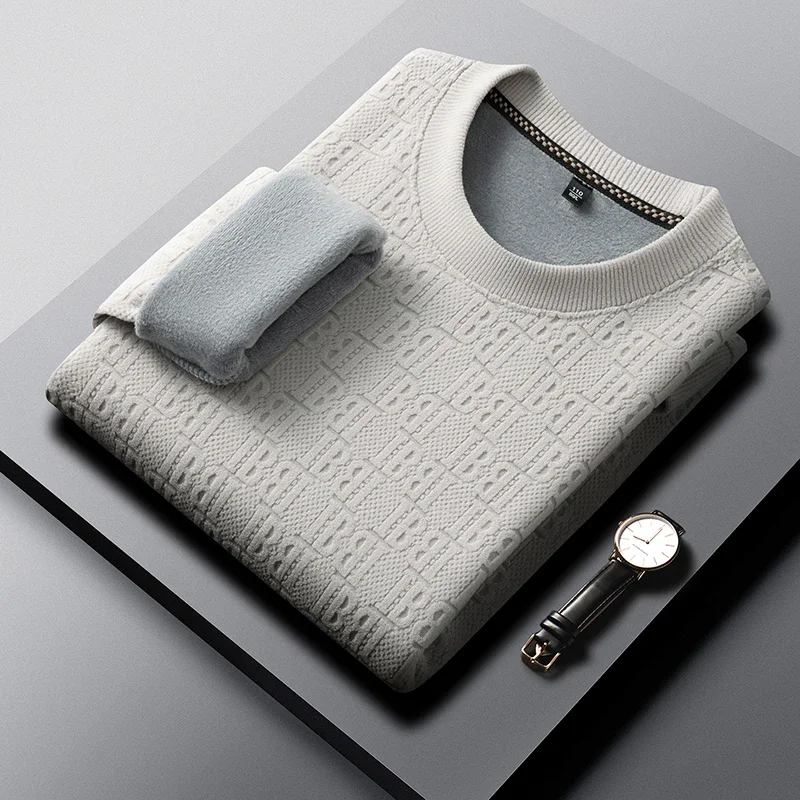 Men Crew Neck Fleece Lined Sweater Jacquard Knit Texture Long Sleeve Thick Warm Pullover Soft Stretch Winter Casual Mens Tops