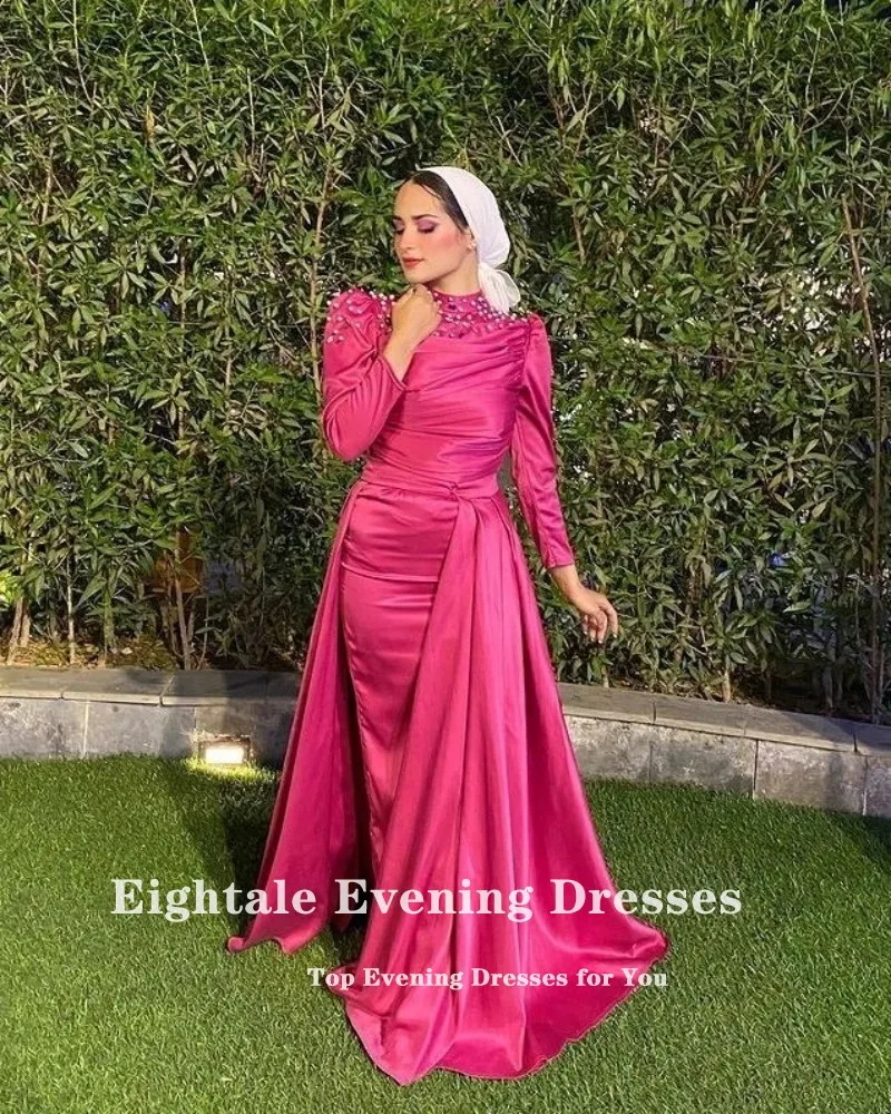 Eightale Hot Pink Formal Occasion Evening Dresses with Long Sleeves Bead Karakou Satin Mermaid Women Wedding Party Gown For Prom