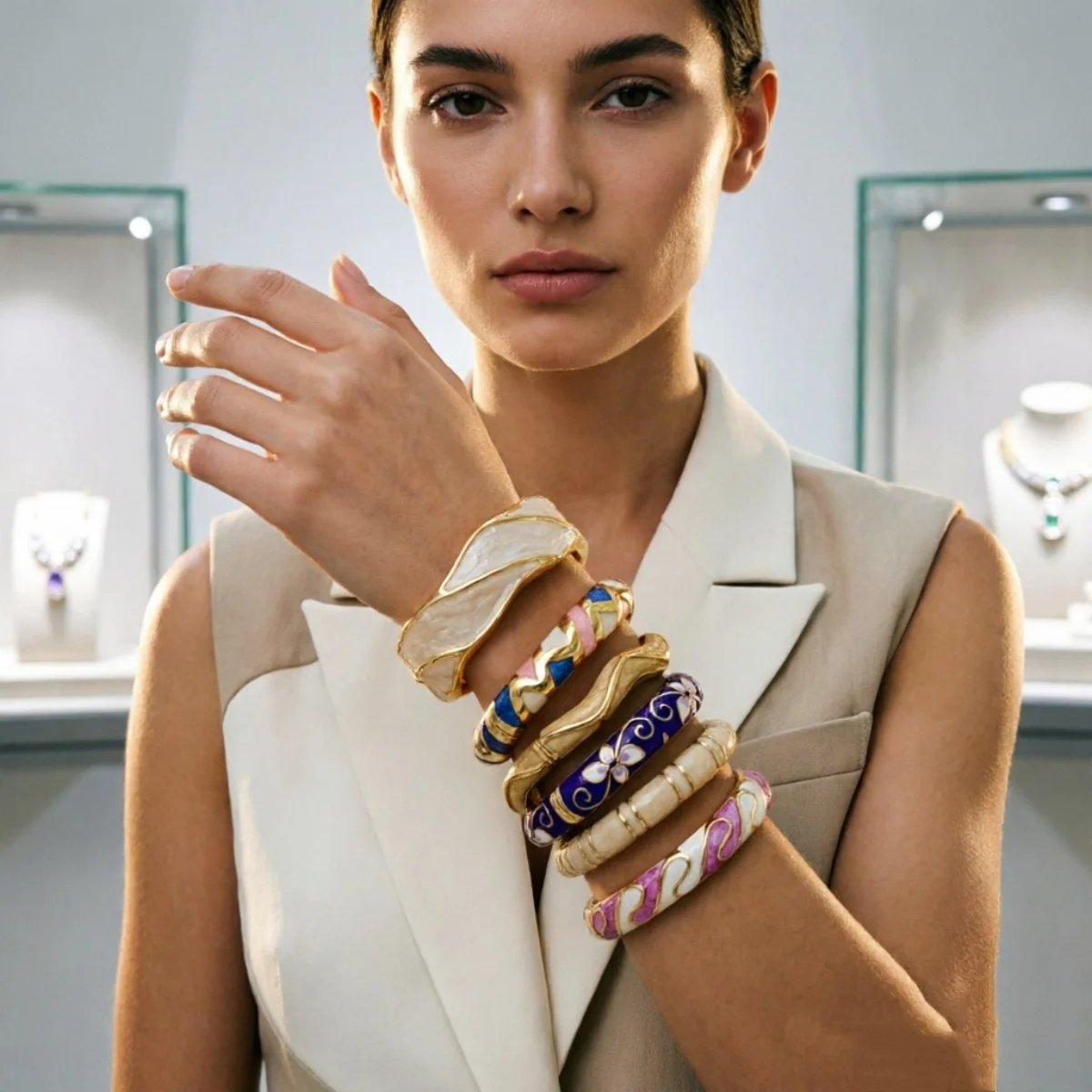 Retro-Ethno-Armband in Lila, Rosa und Weiß mit Emaille-Einsätzen für Damen und Herren, Geometrischer Statement-Armreif mit Blumenmuster – Detail 17