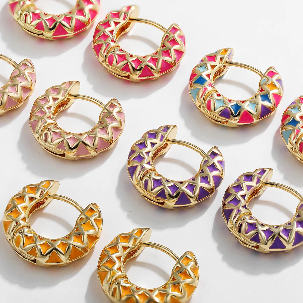 Vintage Enamel Colorful Argyle Round Circles Huggies for Women Ethnic Geometric Pattern Gold Plated Hoop Earring Ear Buckles