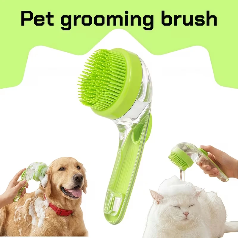 2-in-1 Pet Bath Grooming Brush with Soap Dispenser & Massage Brush, Soft Silicone Bristles, Pet Bathing Grooming Massager