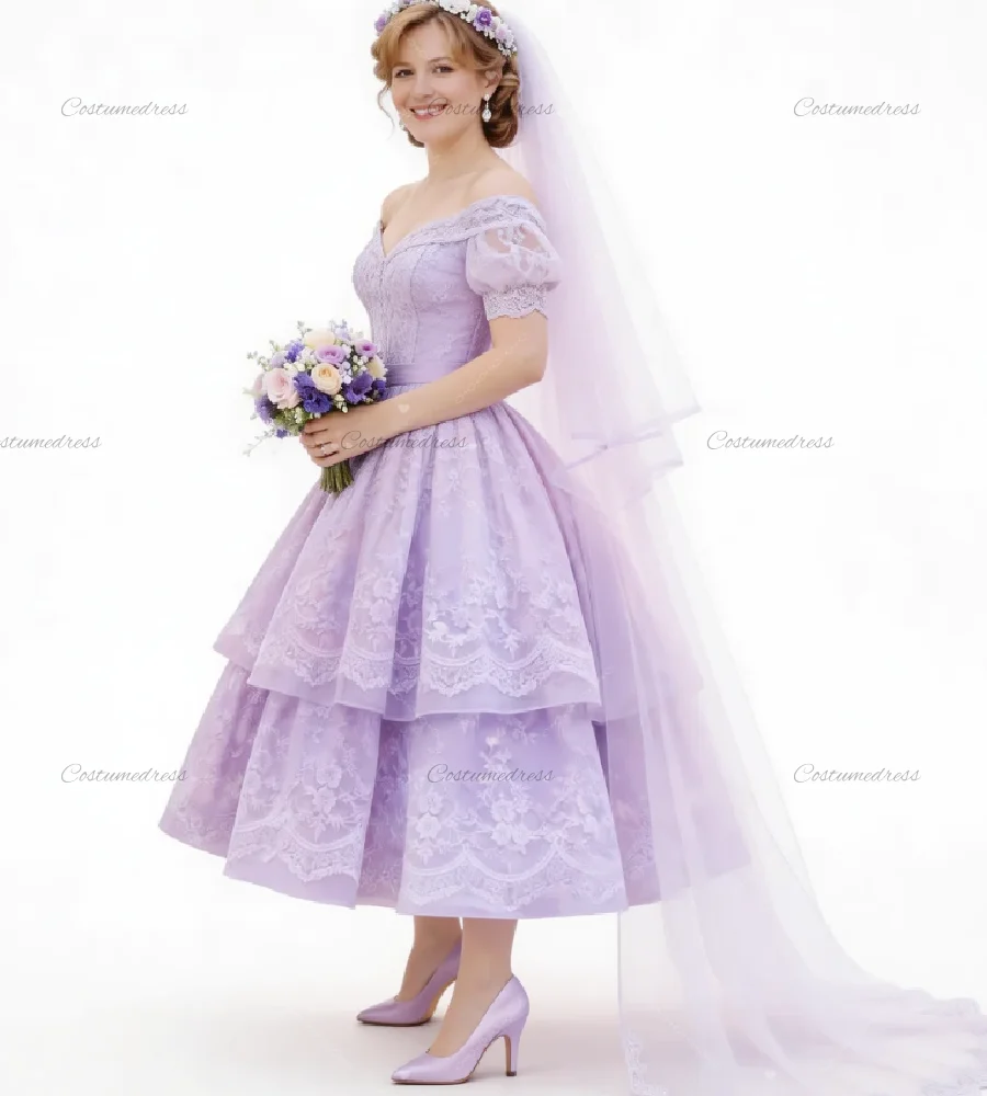 Pastel Purple 1950s Wedding Dress With Lace Elegant Short Sleeve Tea Length Boho Bride Dress Gatsby Civil War Reception Party