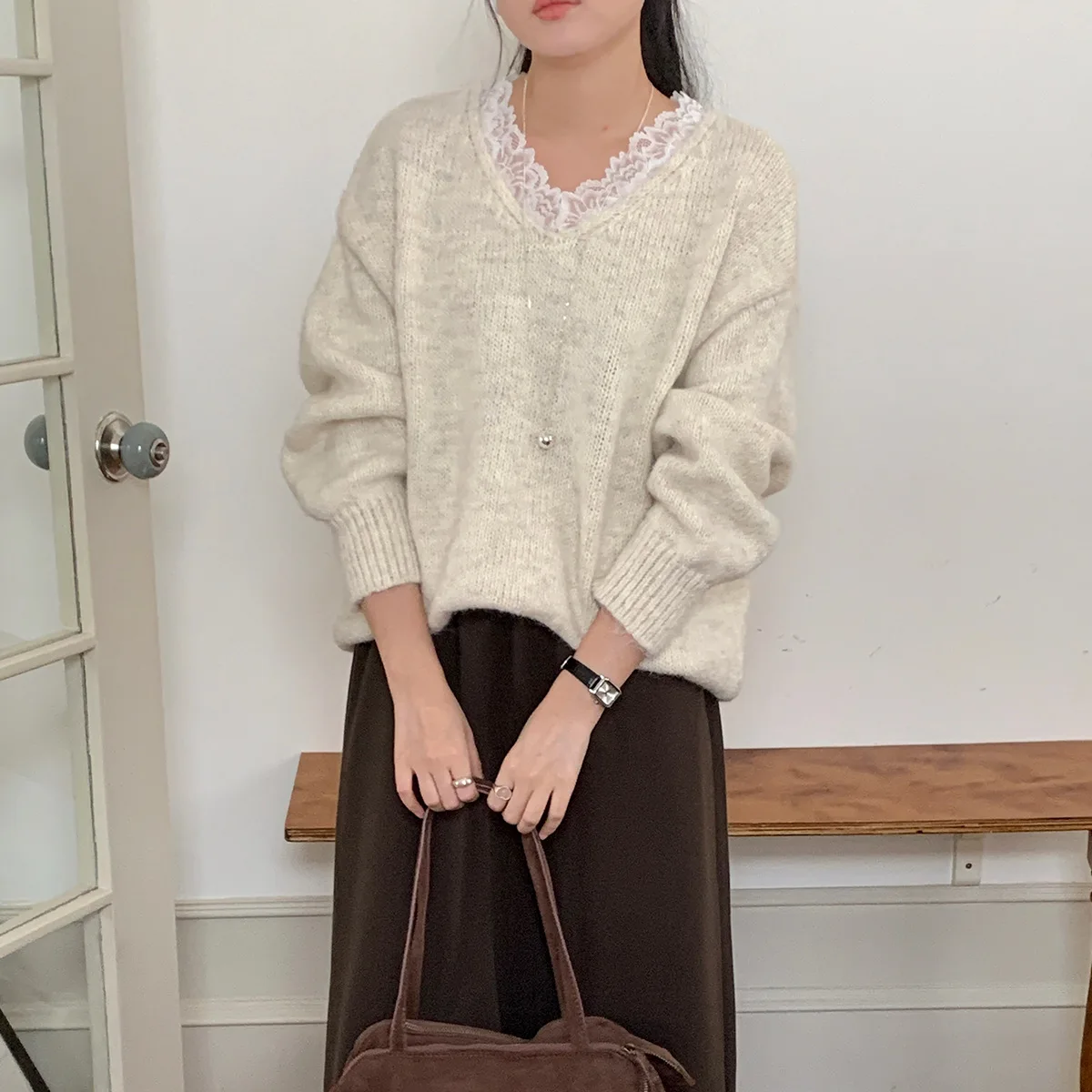 

Серый джемпер, трикотаж, пуловеры для женщин, осенне-зимняя одежда, кружевной повседневный свитер с v-образным вырезом Sueter Mujer, модный вязаный корейский свитер