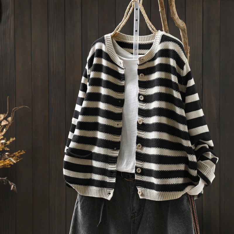 

Женский повседневный вязаный кардиган, пальто, Новое поступление, осень 202, простой стиль, с круглым вырезом, винтажный полосатый женский свитер с длинными рукавами M2045