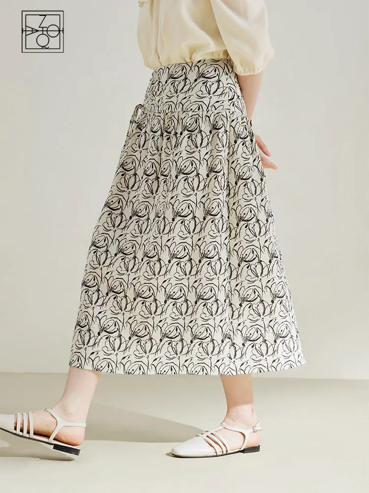 ZIQIAO Design Sense Abstract Printing High Waist A-line Skirt for Women 2023 Summer Chic Casual Thin Umbrella Skirt for Female