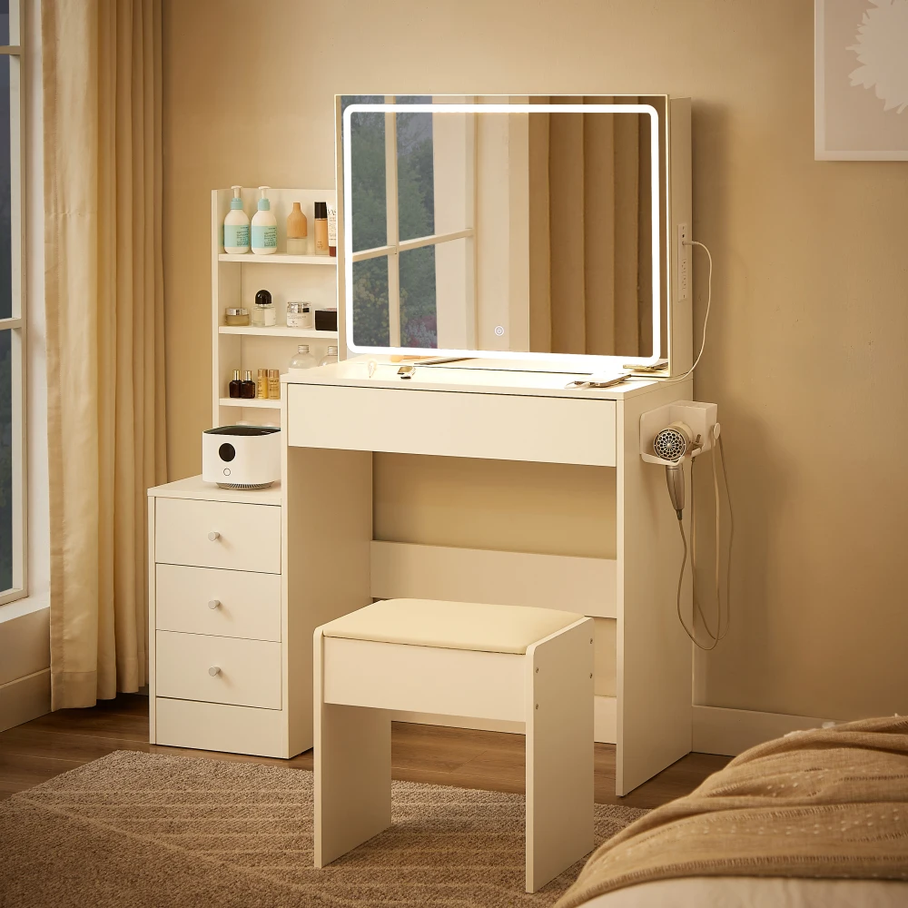 Vanity Table with LED-lit Mirror with Power Outlet and Hairdryer Shelving 4 Drawers and Upholstered Stool Brightness Adjustable