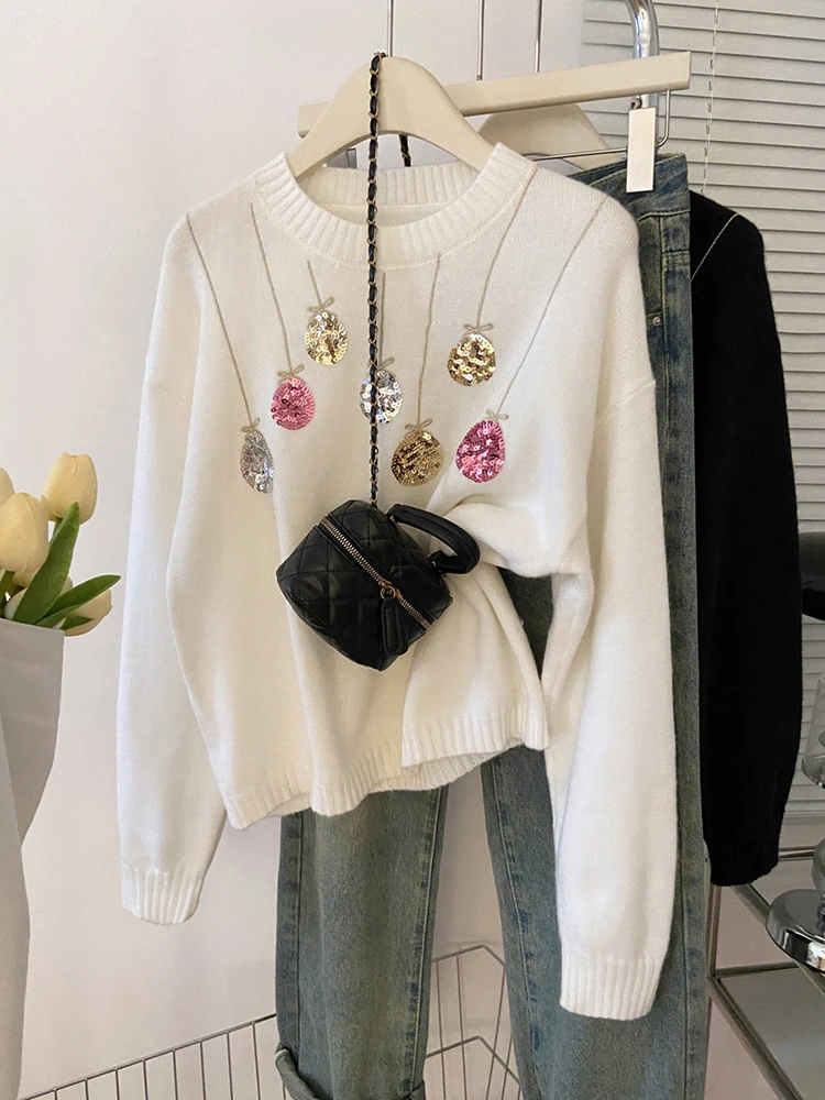 

Korean version autumn and winter new colorful printed sequin balloon embroidery pullover loose and versatile sweater